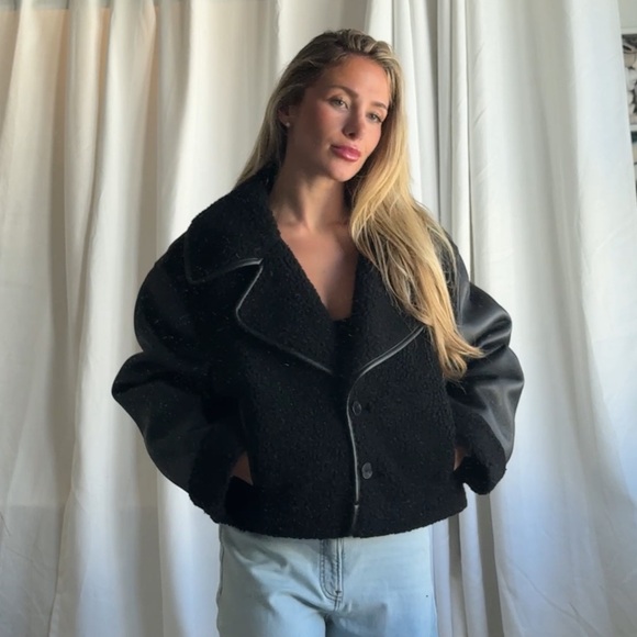 NWT Black Shearling & Leather Jacket sheep coat superdown anja bomber l’academie - Picture 9 of 10